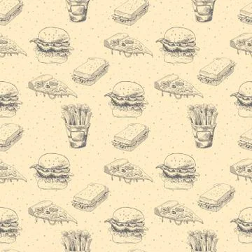Hand drawn fast food pattern. Burger, pizza, french fries detailed illustrations Stock Illustration