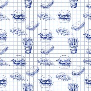 Hand drawn fast food pattern. Burger, pizza, french fries detailed illustrations Illustrazione stock