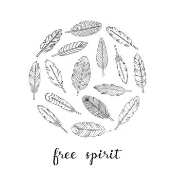 Hand drawn feathers in circle. Stock Illustration