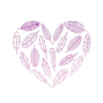 Hand drawn feathers in heart. Stock Illustration