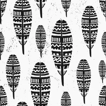Hand Drawn Feathers Seamless Pattern Stock Illustration