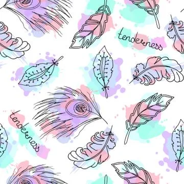 Hand drawn feathers seamless pattern Stock Illustration