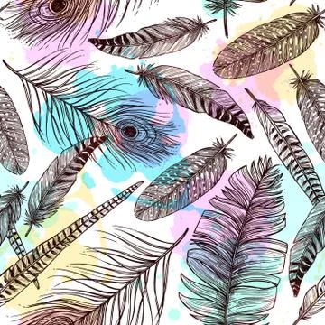 Hand Drawn Feathers Seamless Pattern Illustrazione stock