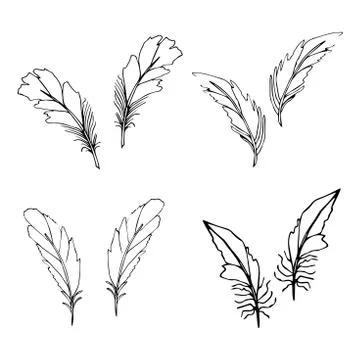 Hand drawn feathers set on white background Stock Illustration