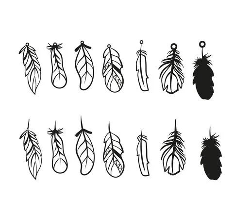 Hand drawn feathers set on white background. Stock Illustration