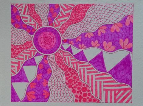 Hand drawn felt-tip pens abstract sun with wavy patterns Stock Illustration