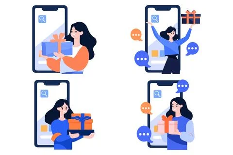 Hand Drawn Female character holding a gift with smartphone in online shoppi.. Stock Illustration
