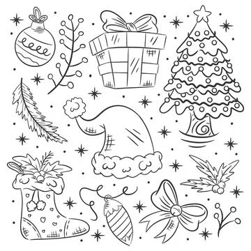 Hand drawn festive christmas elements collection coloring Stock Illustration