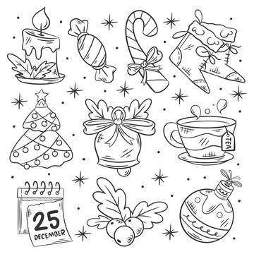 Hand drawn festive christmas elements set of coloring Illustrazione stock