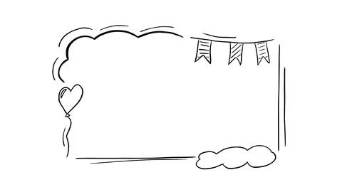 Hand drawn festive doodle frame with bunting flags heart balloon and clouds.. Illustrazione stock