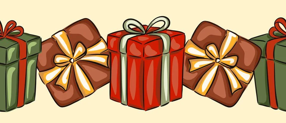 Hand drawn festive gift boxes with colorful ribbons for edging design and Stock Illustration