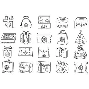 Hand-Drawn Festive Gift Packaging Set for Seasonal Celebrations and Event G.. Stock Illustration