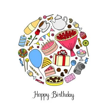 Hand drawn festive items in circle. Stock Illustration