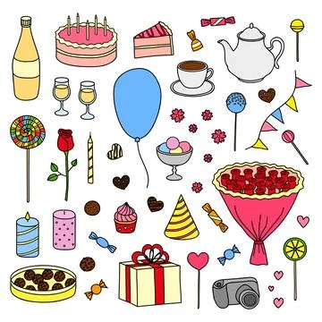 Hand drawn festive items set. Stock Illustration