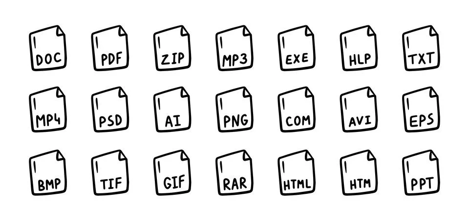 Hand drawn file types icon. Doodle outline signs Stock Illustration