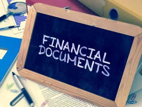 Hand Drawn Financial Documents Concept on Small Chalkboard Stock Illustration