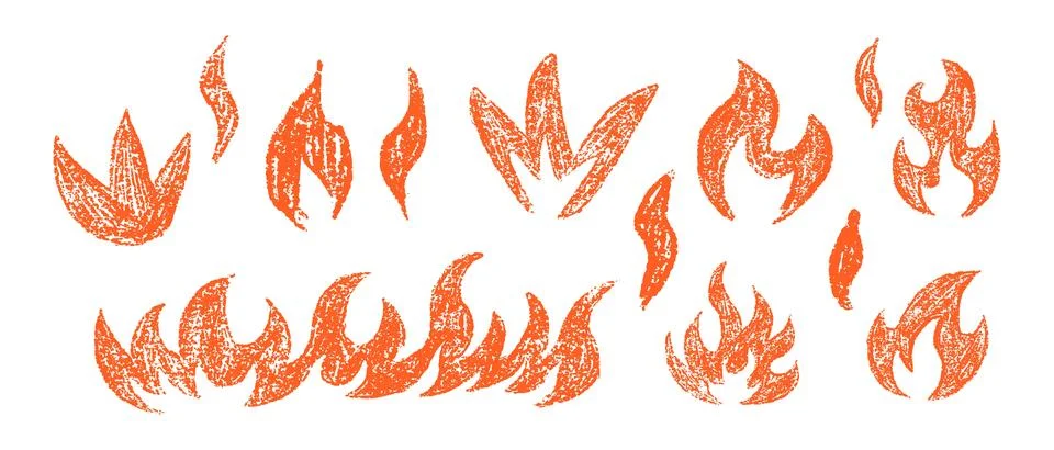 Hand drawn fire flames set. Crayon, pastel and chalk doodle collection with Stock Illustration