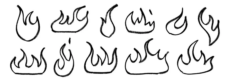 Hand drawn fire shapes set. Crayon sketched burning flames collection. Black Stock Illustration