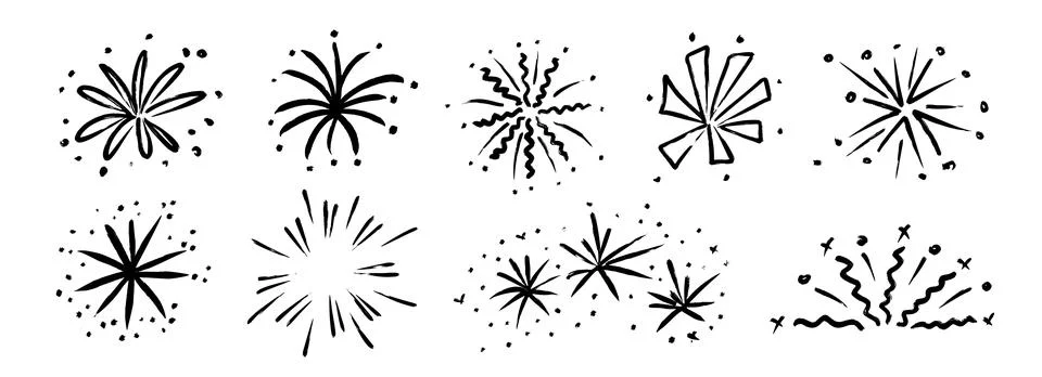 Hand drawn firework set. Crayon doodled firecracker element collection. Black Stock Illustration