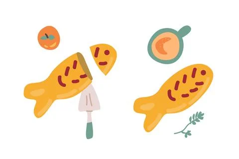 Hand drawn fish pie with cofee or tea cup and apple Stock Illustration