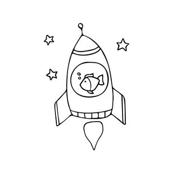 Hand drawn fish in rocket ship Cartoon Mascot Character Vector illustration colo Illustrazione stock