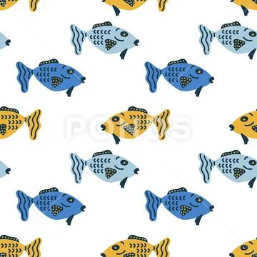 Hand drawn fish . Vector seamless background. Underwater life, Decorative fab Stock Illustration