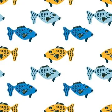 Hand drawn fish . Vector seamless background. Underwater life, Decorative fab Stock Illustration