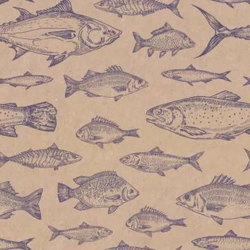 Hand Drawn Fish Vector Seamless Background Pattern. Craft Cardboard Paper Stock Illustration