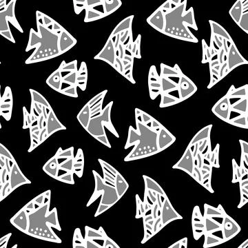 Hand Drawn Fishes Seamless Pattern. Underwater World Black and White Background. Stock Illustration