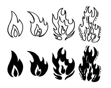 Hand drawn flames doodle set. Collection of pen ink pencil drawing sketches of Stock Illustration