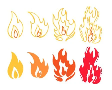 Hand drawn flames doodle set. Collection of pen ink pencil drawing sketches of Stock Illustration