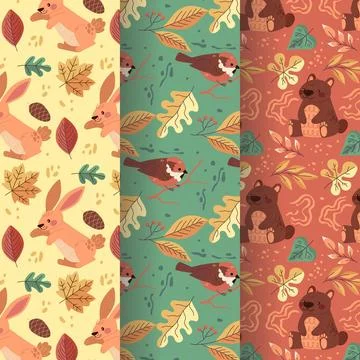 Hand drawn flat autumn patterns collection Stock Illustration