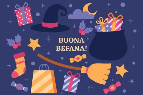 Hand drawn flat befana background Stock Illustration