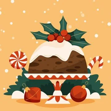 Hand drawn flat christmas pudding illustration Stock Illustration