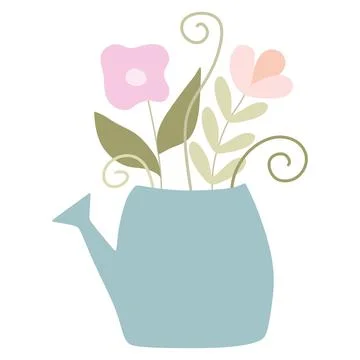 Hand drawn Flat Cute Spring Flower Bouquet in Watering Can. Vector Cartoon Il Stock Illustration