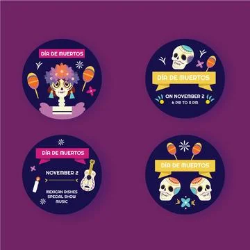 Hand drawn flat dia de muertos badges collection Stock Illustration