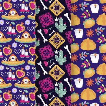 Hand drawn flat dia de muertos patterns collection Stockillustratie