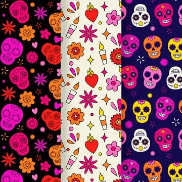 Hand drawn flat dia de muertos patterns collection 스톡 일러스트