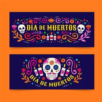 Hand drawn flat dia de muertos horizontal banners set Stock Illustration