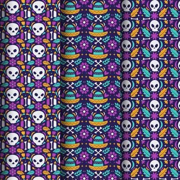 Hand drawn flat dia de muertos patterns collection Stock Illustration