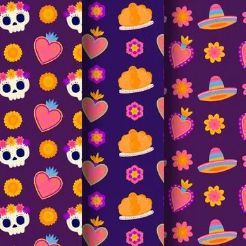 Hand drawn flat dia de muertos patterns collection Stockillustratie