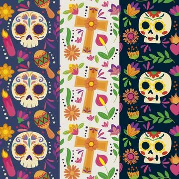 Hand drawn flat dia de muertos patterns collection Illustrazione stock