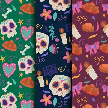 Hand drawn flat dia de muertos patterns collection Stockillustratie