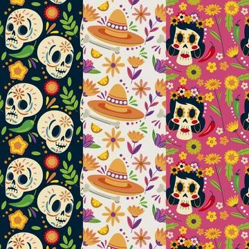 Hand drawn flat dia de muertos patterns collection Stock Illustration