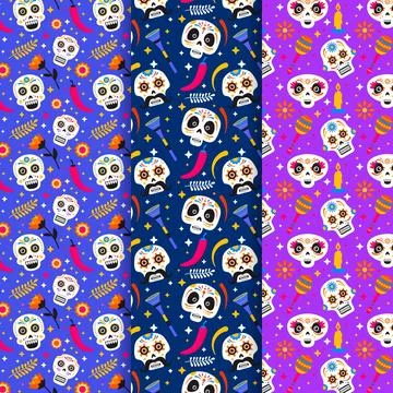 Hand drawn flat dia de muertos patterns collection 스톡 일러스트