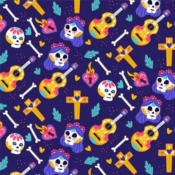 Hand drawn flat dia de muertos patterns collection Stock Illustration