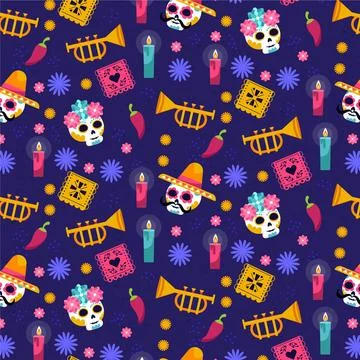 Hand drawn flat dia de muertos patterns collection 스톡 일러스트