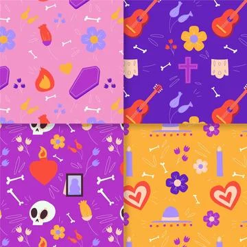 Hand drawn flat dia de muertos patterns collection Stockillustratie
