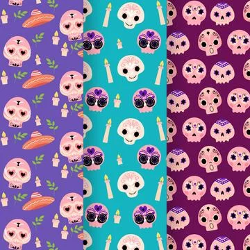 Hand drawn flat dia de muertos patterns collection 스톡 일러스트