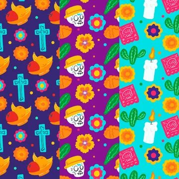 Hand drawn flat dia de muertos patterns collection Stock Illustration